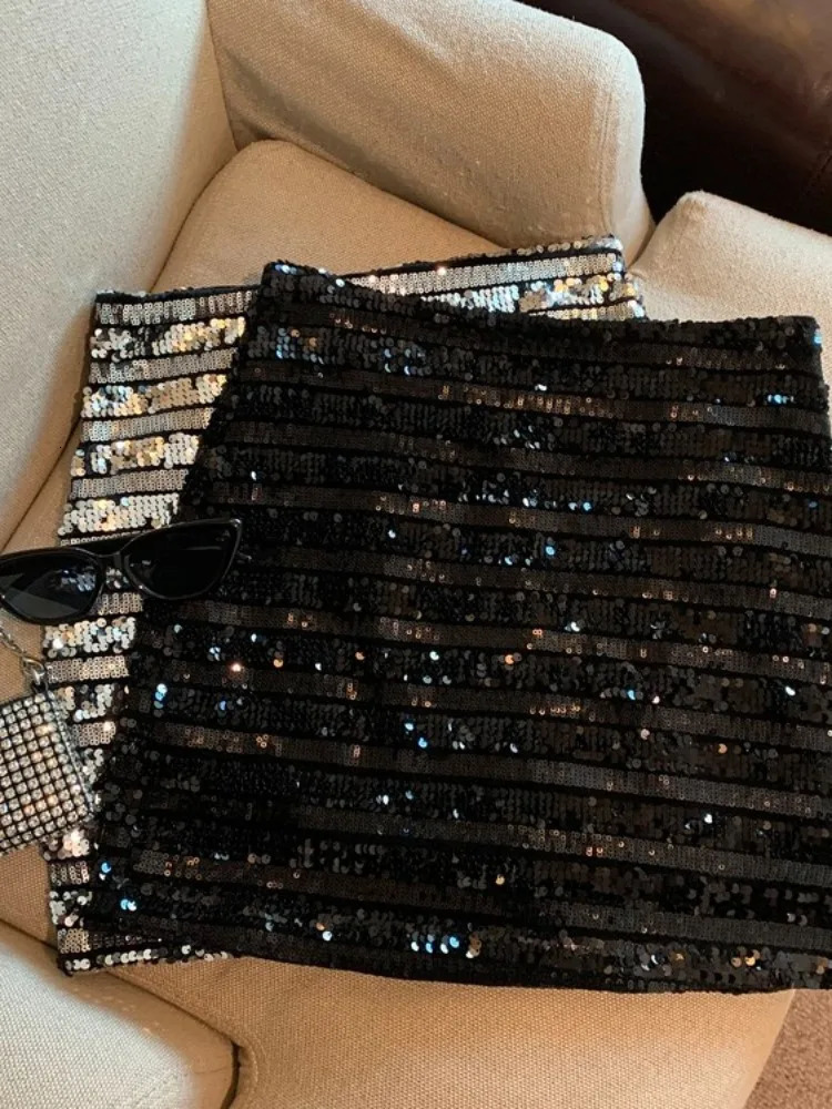 Black High Waisted Slimming A-line Sequin Skirts Harajuku Sexy Temperament Short Faldas Mujer Moda Club Beach Party 240710