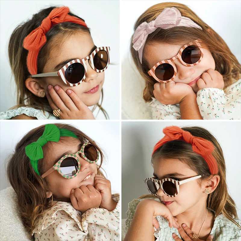Sunglasses 2Pcs/Set Baby Girls Cute Colors Soft Bowknot Wide Hairbands Children Colorful Checkerboard Sunglasses Set Kids Hair Accessories