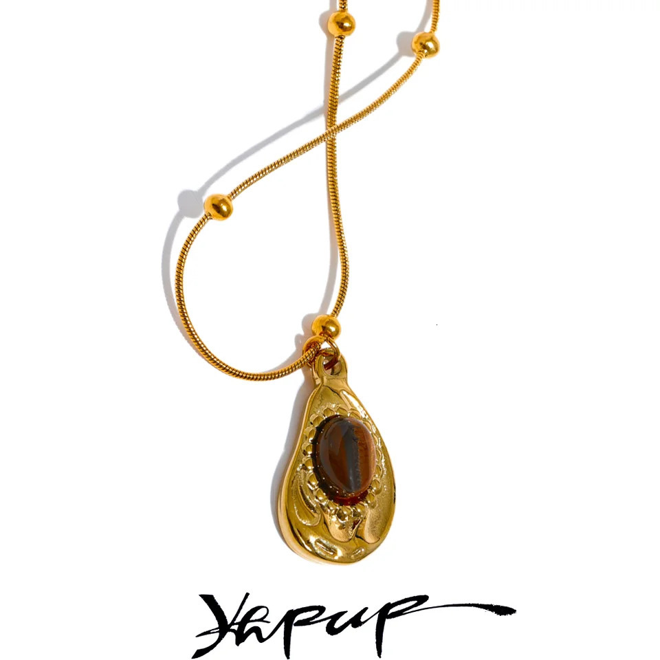 Yhpup Stainless Steel Cashew Drop Inlaid Natural Tiger Stone Pendant Necklace Rust Proof 18K PVD Plated Chain Neck Jewelry 240710