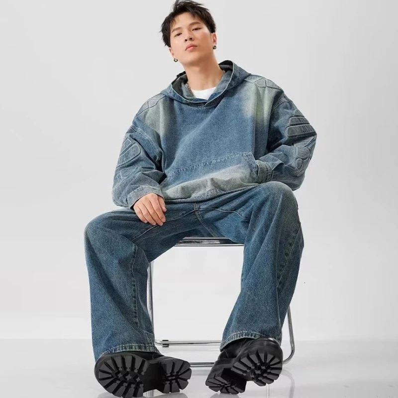 Denim Hooded Jacket Men Women Convex Turtle Shell Pattern Loose Casual Vintage Sweatshirt Coat Street Washed Denim Pullovers 240712