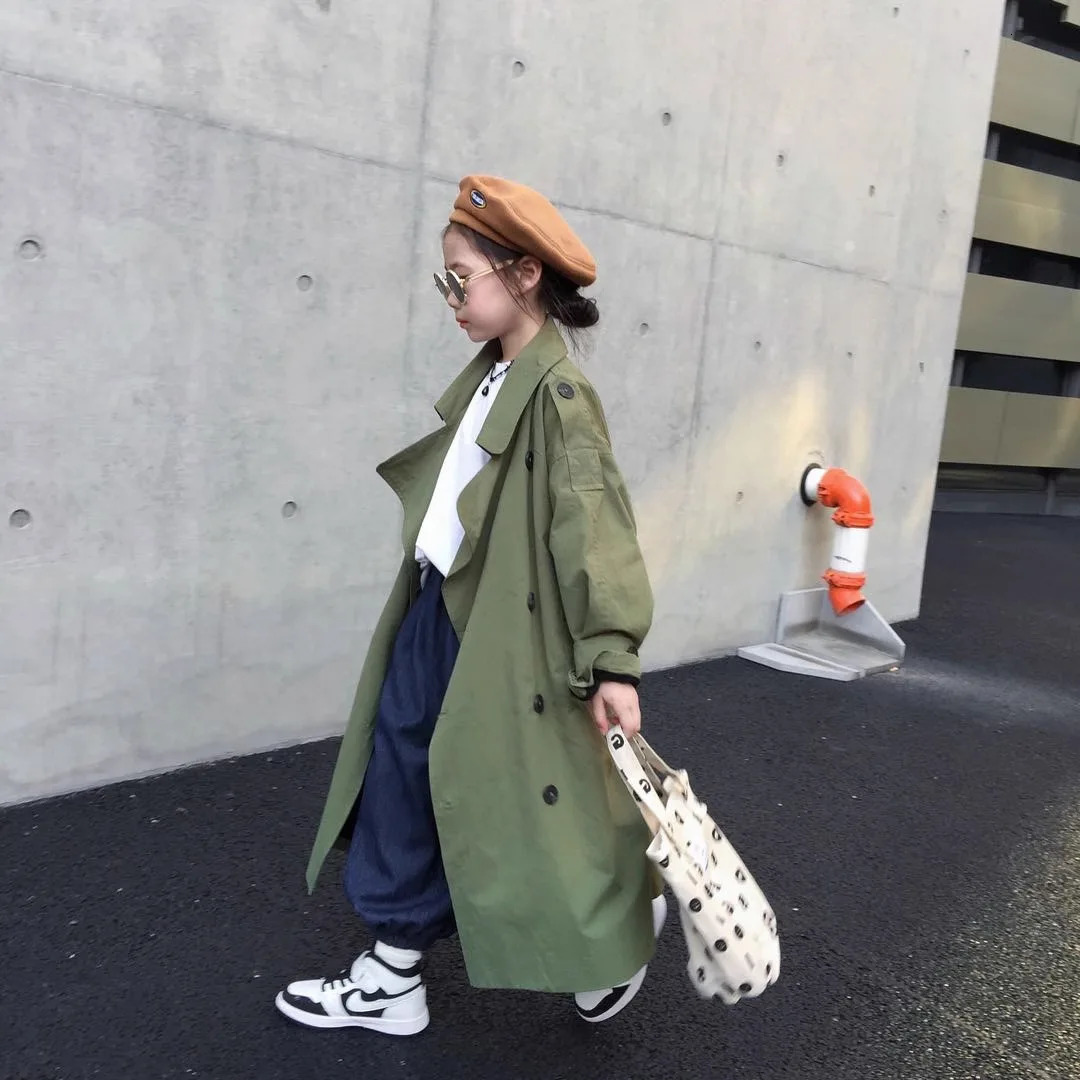 Children Clothing Girl Fashion Trench Coat Spring Autumn Korean Style Green Coat Cotton Casual Simple Long Kids Trench Coat 240713