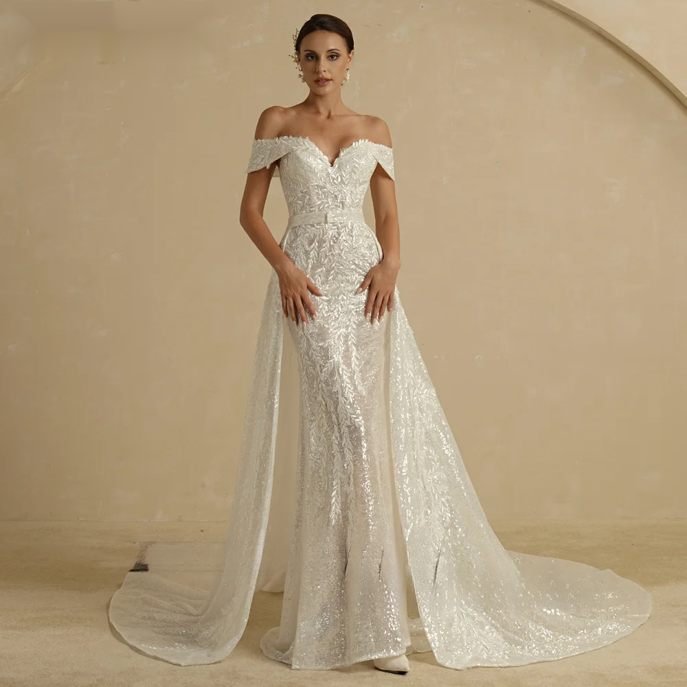 BEPEITHY Ivory Sequins Mermaid Wedding Dresses For Women 2 In 1 Detachable Train Lace Bridal Gown Beach Vestido Novia