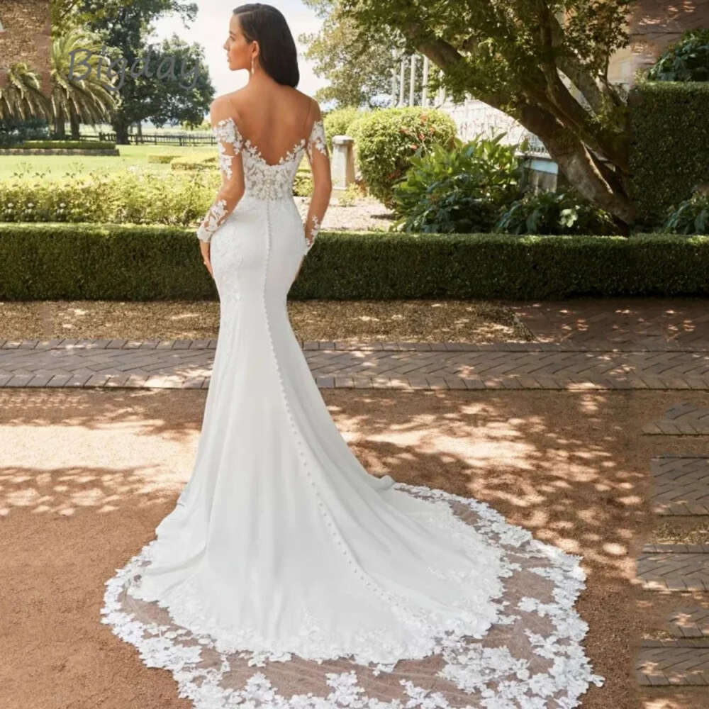 Elegant Sweetheart Mermaid Wedding Dress White Long Sleeve Open Back Lace Applique Bridal Gown Sweep Train Vestido De Novia 0213