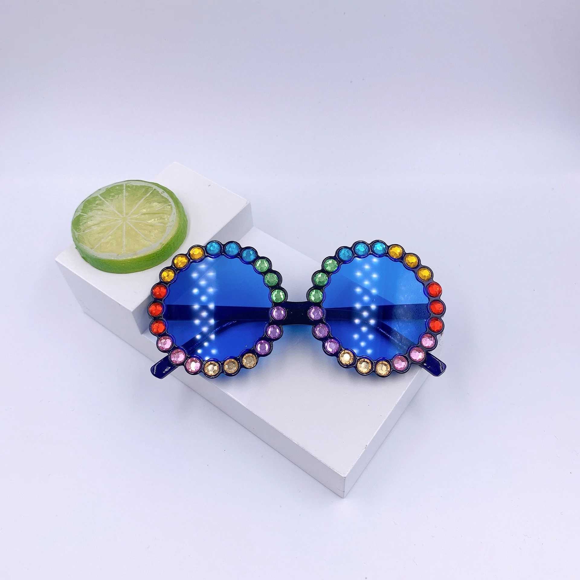 Sunglasses New childrens color diamond round frame sunglasses Fashion frame cartoon personality sunglasses Fashion Sunglasses