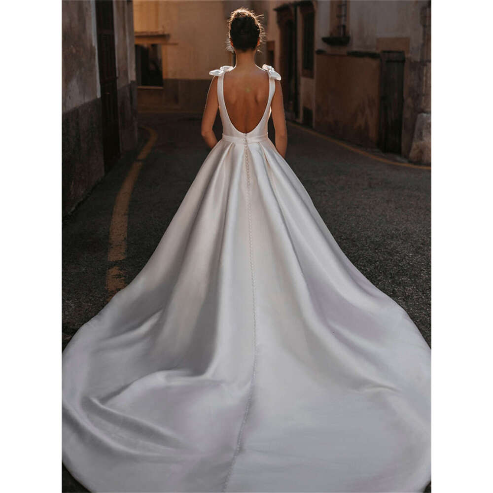 ful A-e Wedding Dresses Bow Sleeveless Bride Robe V-Neck Backless New Bridal Gown Lace Spaghetti Strap Vestidos De Noiva