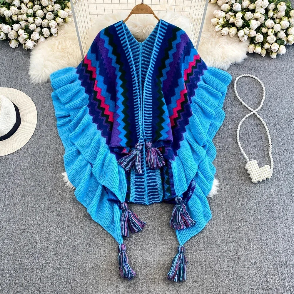Ethnic Style Knitted Cardigan Women Ruffles Striped Tassel Female Sweaters Ladies Bohemia Holiday Autumn Cardigans Drop 240712