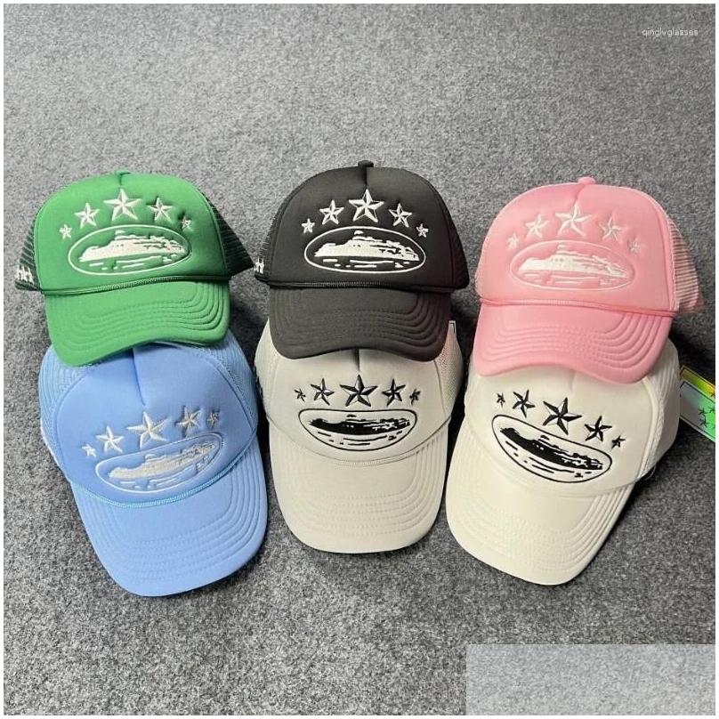 Ball Caps 2024 Arrived Star Embroidered Mens Baseball Cap Mesh Trucker Hat Summer Snapback Retro Male Beach Headdress Drop Delivery Otjd1