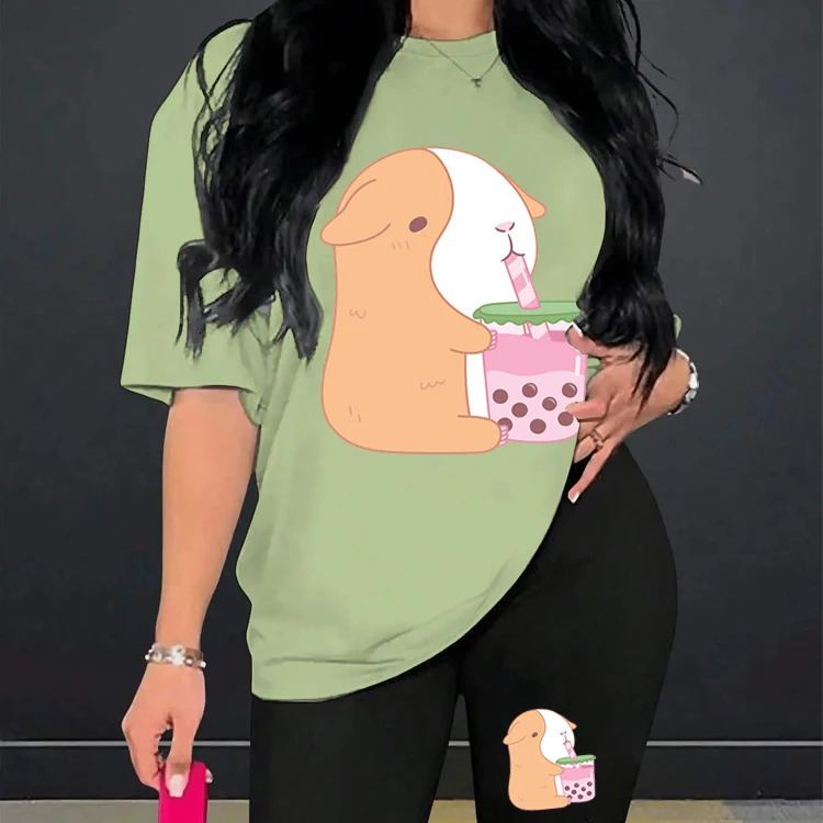 Cartoon Guinea Pig Bobo Tea Tshirt 2Pieces Short Sleeve T Shirt and Yoga Legging Shorts Suit Plus Size Tracksuit Women 240712