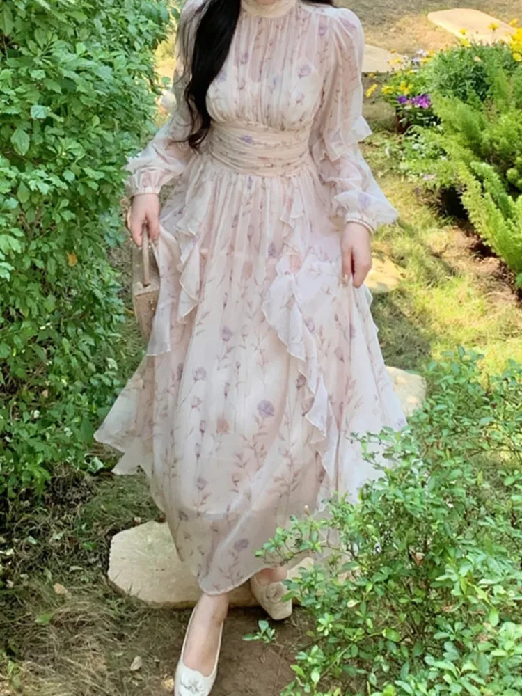 French Vintage Floral Print Chiffon Midi Dresses For Women Ruffles Patchwork High Waist Fairy Office Ladies Elegant Robe 240712