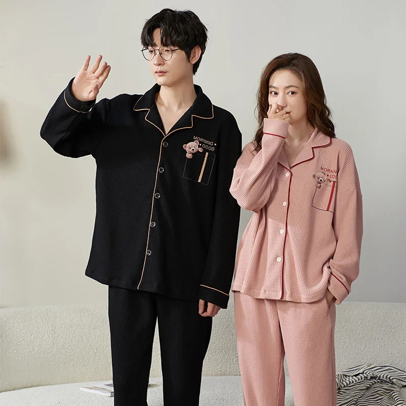 Cotton Sleepwear For Couples Korean Cardigan Men Pijamas Women Pajamas Set Long Sleep Tops Pant Nightwear Pjs pareja hombre 240713