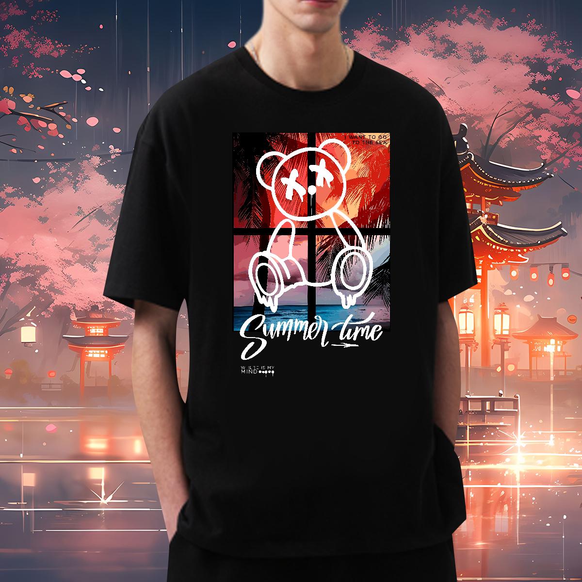 New T-Shirts for Men Graffiti Art 100% Cotton 230g Black Oversized Men Tops Tees Home Outdoor Breathable Crew Neck Cotton Loose Fit Wear