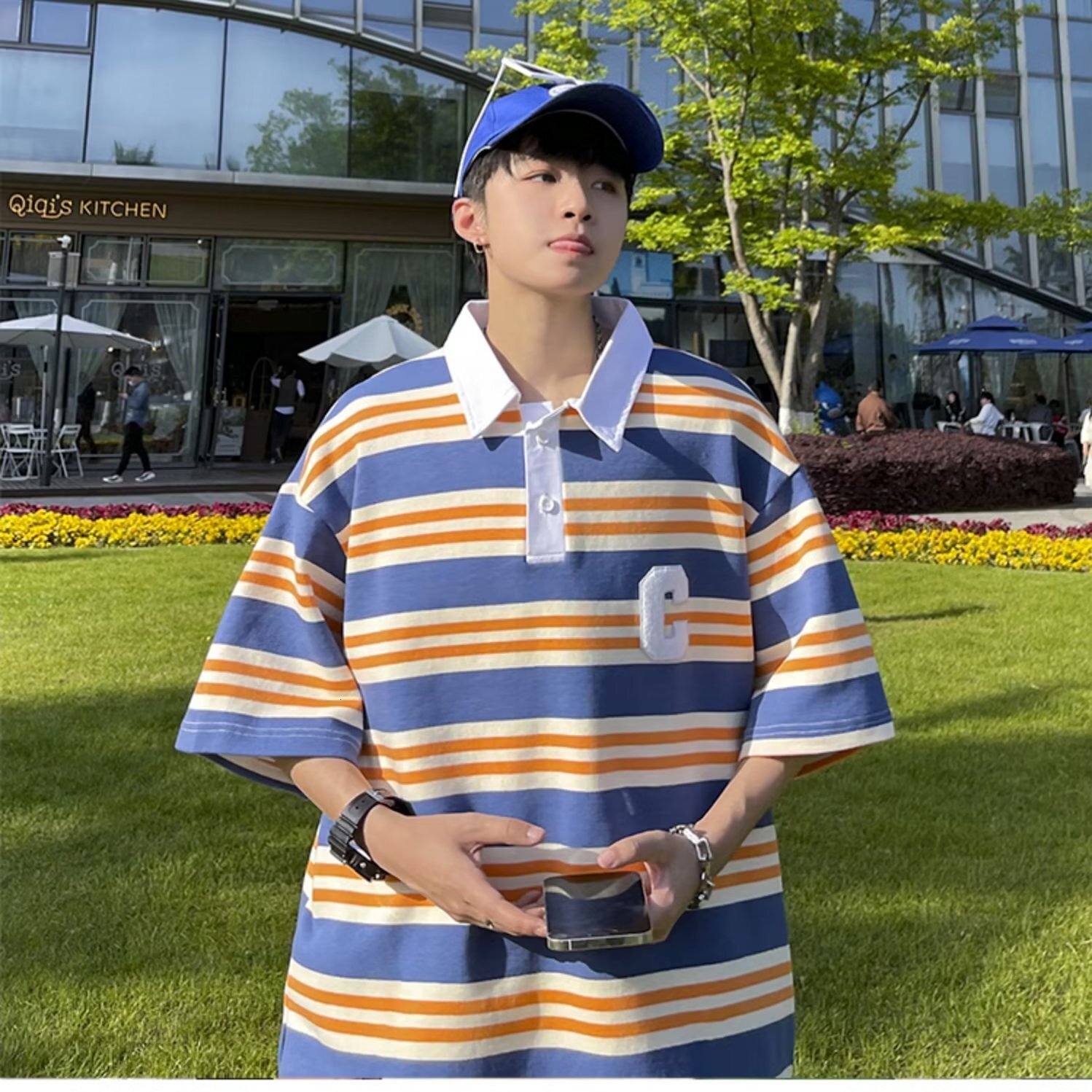 Striped short polo shirt for couples, summer loose and versatile, handsome casual top, half sleeved t-shirt