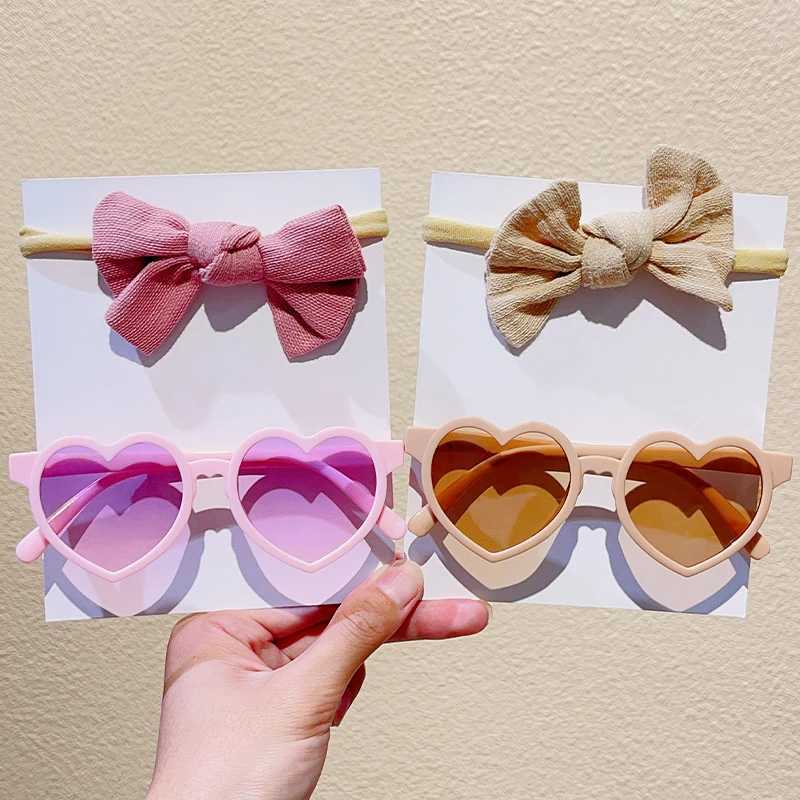 Sunglasses 2 Pcs/Set New Baby Girls Cute Solid Bowknot Hairbands Children Heart Sunglasses Hair Bands Headwear Kids Lovely Hair Accessories