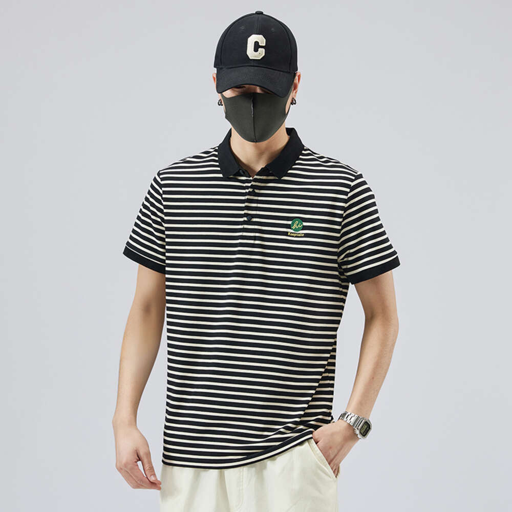 2023 Summer New Striped Shirt Pure Cotton Elastic Polo Collar Short Sleeve T-shirt Fashion Quality Men's Wear