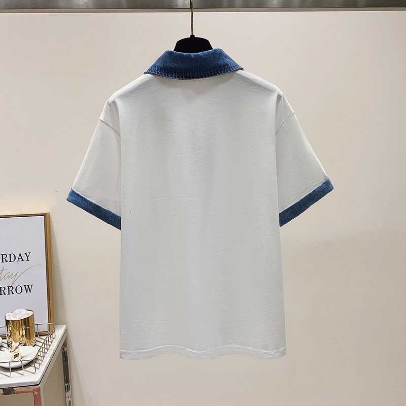 2024 summer new denim patchwork half zipper sweet and cool college style fashionable loose short sleeved T-shirt for women