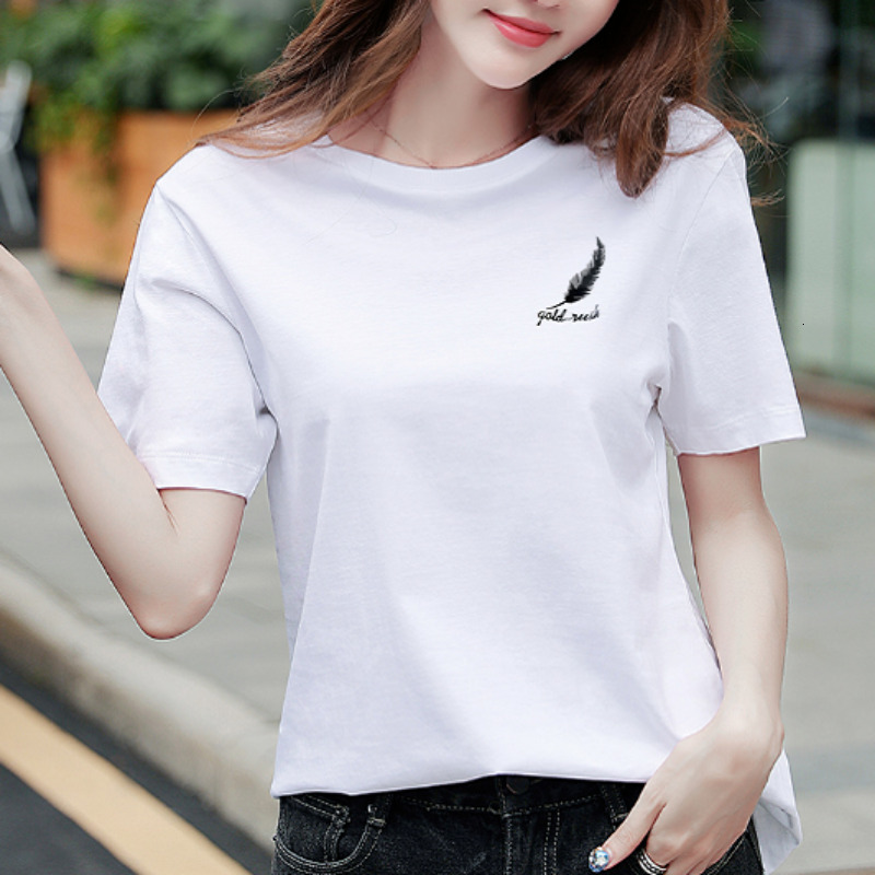 Women's feather printed cotton summer new round neck loose casual T-shirt fashion versatile women's short-sleeved shirt