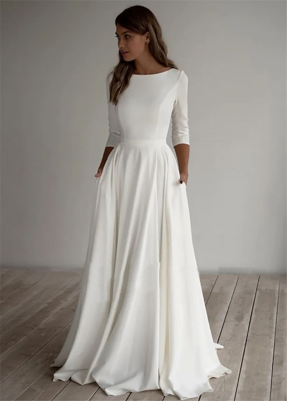 White Wedding Dresses Ivory Bridal Gowns Formal Custom Zipper Lace Up New A Line Plus Size Bateau 3/4 Long Sleeve Elastic Satin NONE Train