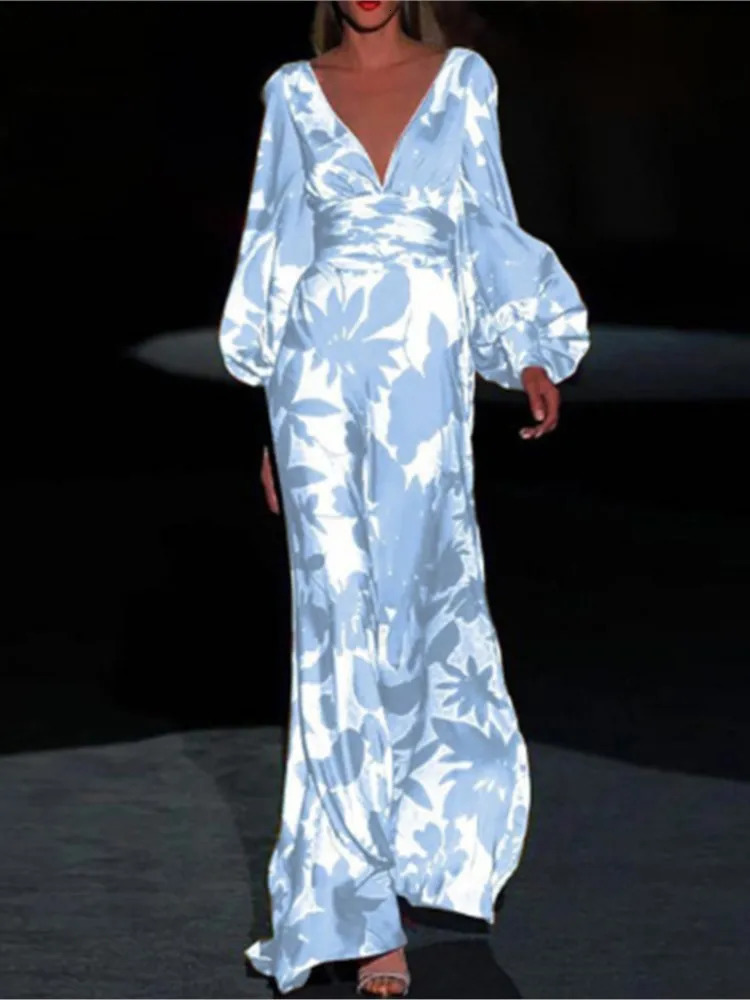 Printed Dress For Women Vneck Sexy High Waist Lantern Sleeve Ladies Fashionable Vestidos Autumn Long Evening Dresses 240715