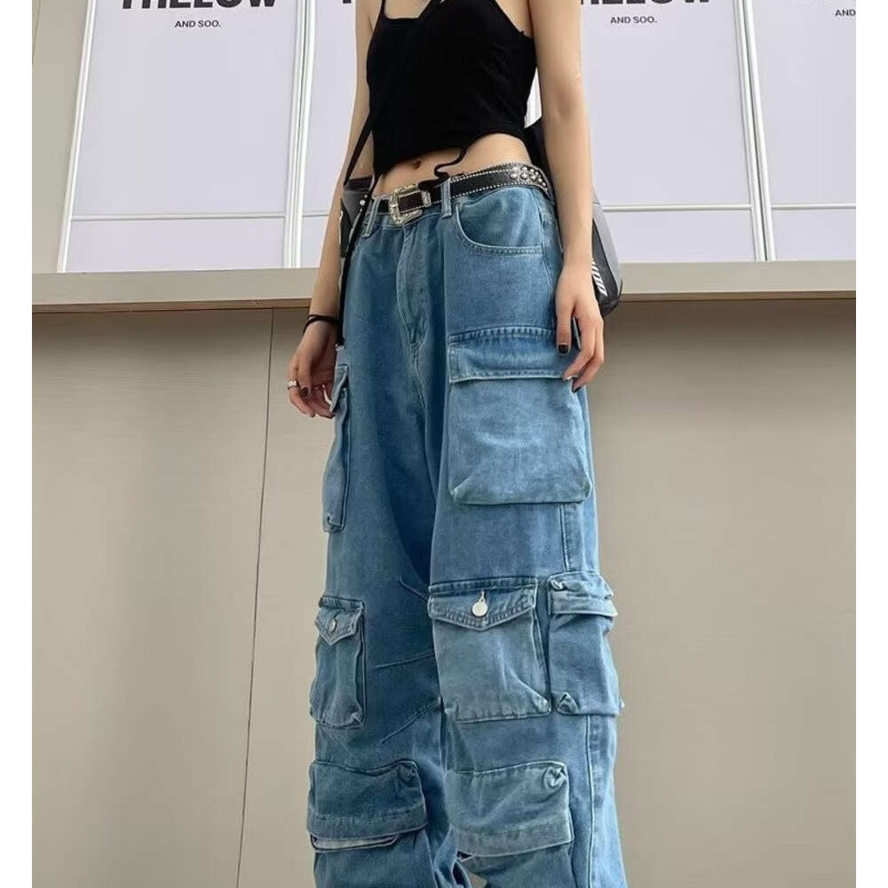 New Trendy Fall Wholesale Casual Washed Baggy Pocket Cargo Straight Trousers Ladies Streetwear Black Denim Women's Jeans