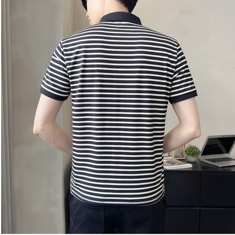 2023 New Pearl Cotton Striped Polo Shirt Short Sleeve Slim Fit Trendy Men's Fashion Summer T-shirt