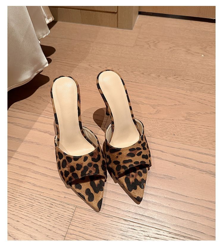 Fine heel pointed head one word drag leopard women summer outside wear fashion spring and summer high heels