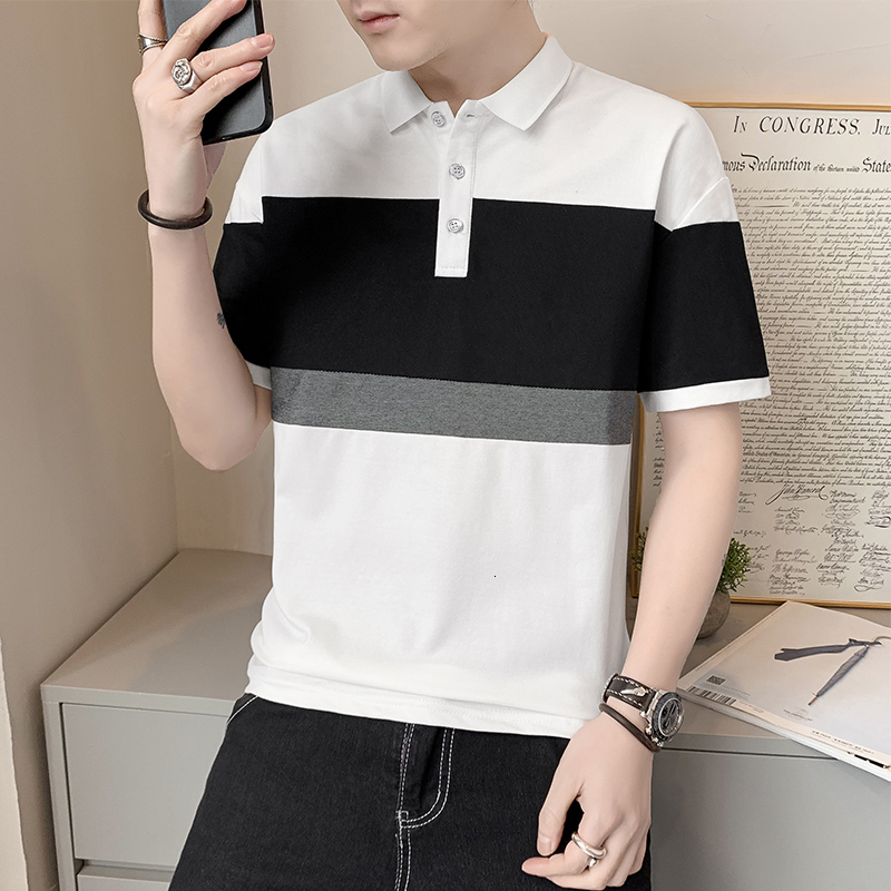 Polo for summer fashion label color blocking flip short T-shirt with ice silk feeling shirt collar casual half sleeved men's