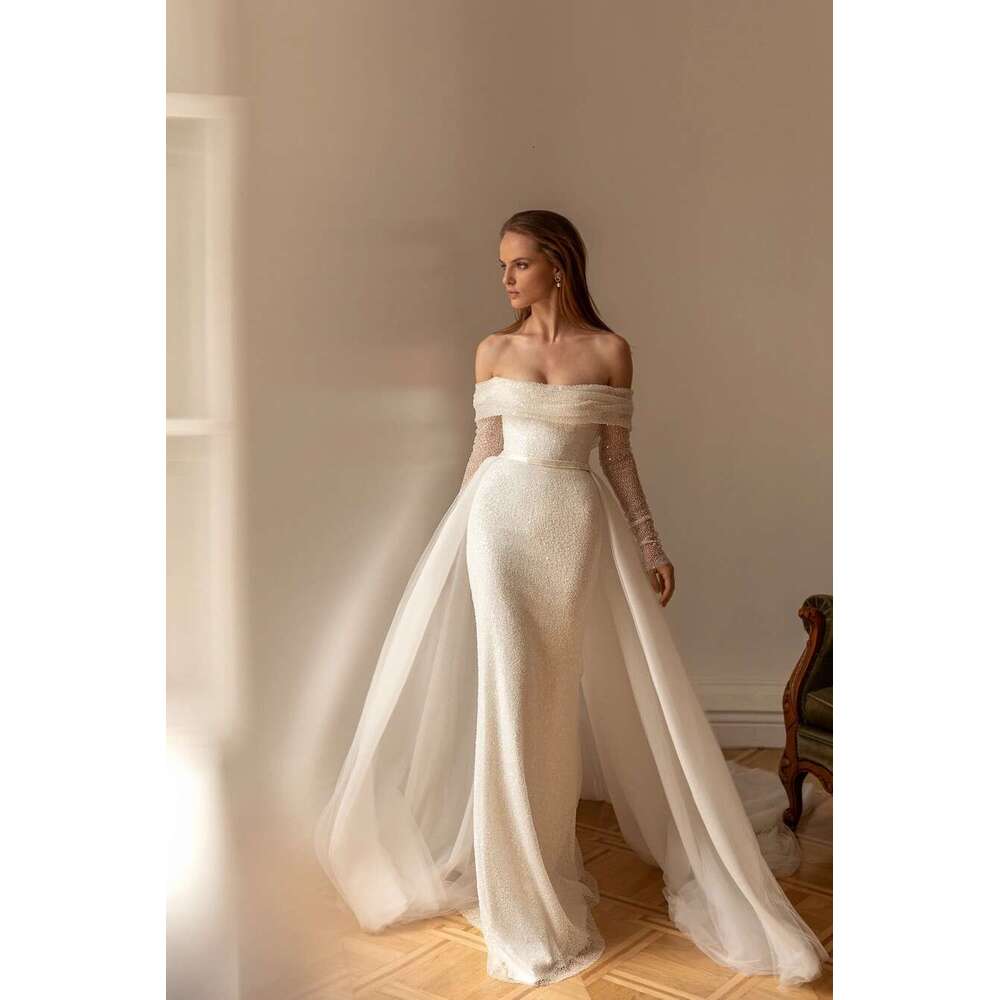 Bg Sequined Off The Shoulder Full Sleeves Mermaid Wedding Dresss Detachable Train Vestido De Renda Estilo Sereia