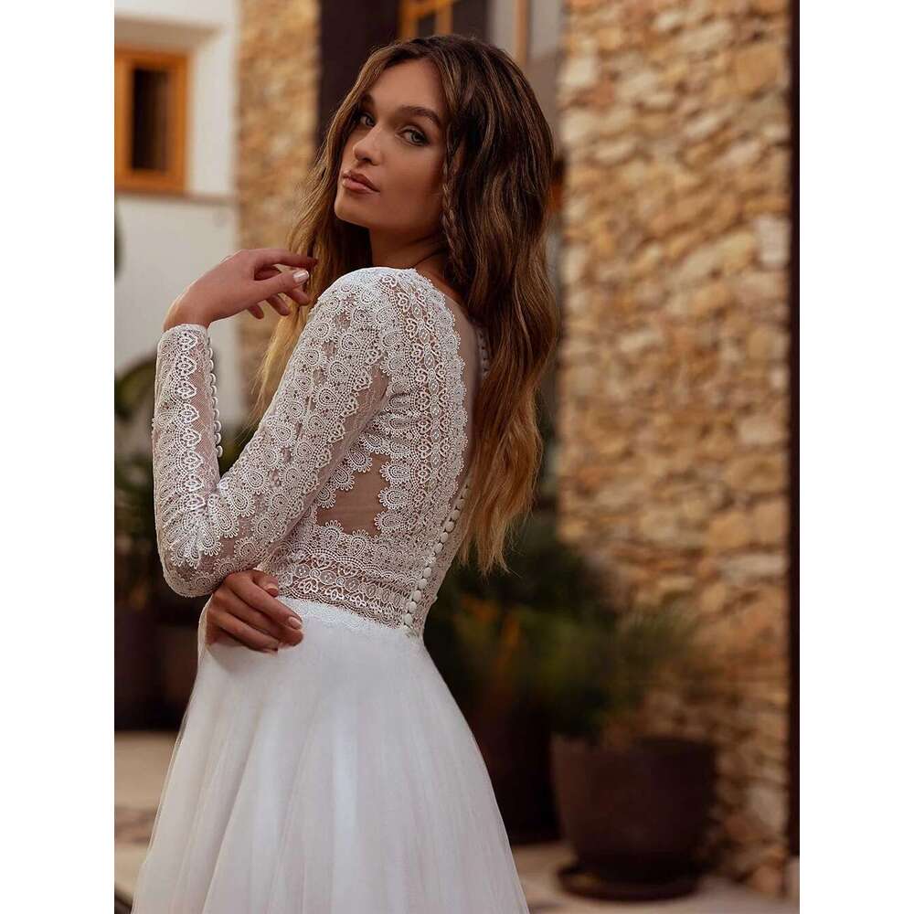 New Bohemian Lace Vestidos Novia Long Sleeves V Neck Boho High Split Wedding Dresses Appliques Vestido De Noiva