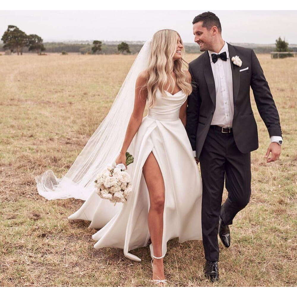 Elegant Soft Satin strapless Sleeveless mermaid Vintage Sweep Train wer Gown Wedding Dress Bride Side Slit plus size