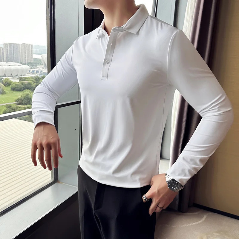 High Elasticity Men POLO Shirt Autumn Base Tops Ice Silk Fabric Solid Casual Long Sleeve POLO Shirt Casual Slim Fit T Shirt 240715