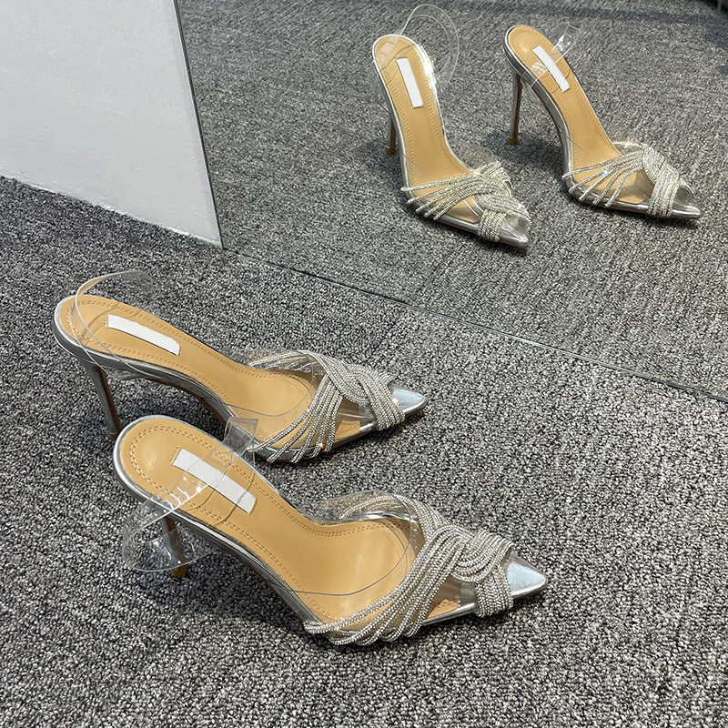 High heeled sandals for women in spring and summer, PVC transparent rhinestone thin women's high-heeled shoes for women