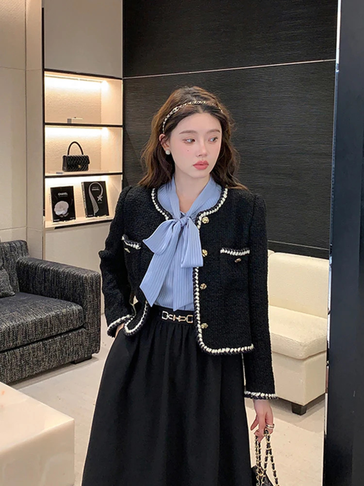 Zoki Sweet Vintage Tweed Jacket Women Elegant French Cropped Coat Casual Long Sleeve Simple All Match Retro Female Outwear Tops 240715