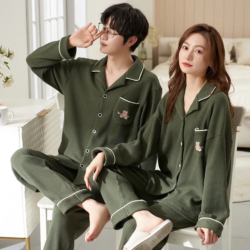 Cotton Sleepwear For Couples Korean Cardigan Men Pijamas Women Pajamas Set Long Sleep Tops Pant Nightwear Pjs pareja hombre 240713