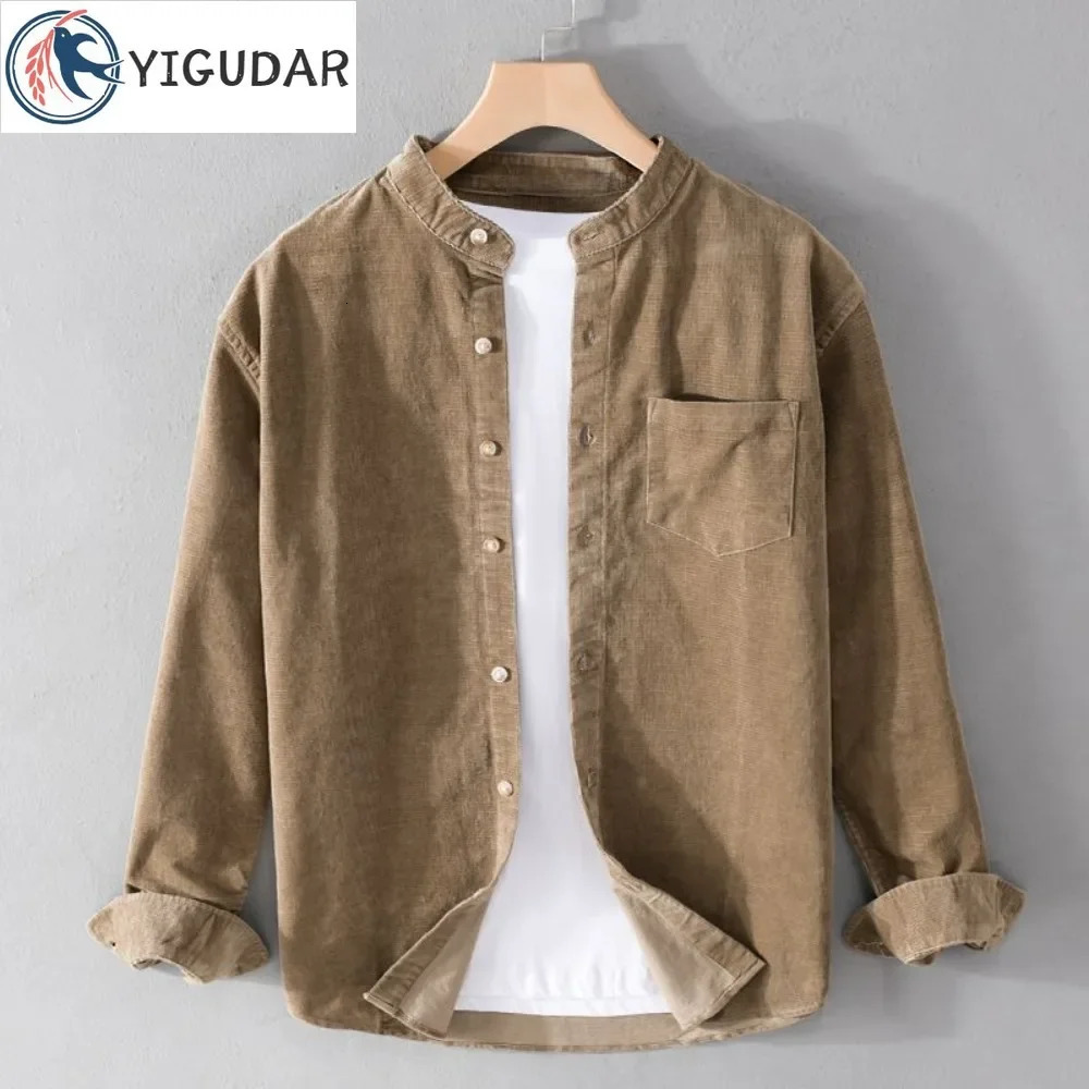 Spring Autumn Style Long Sleeve Casual Trend Corduroy Shirt Men Long Sleeved Retro Small Standing Collar Casual Shirt Men Coat 240710