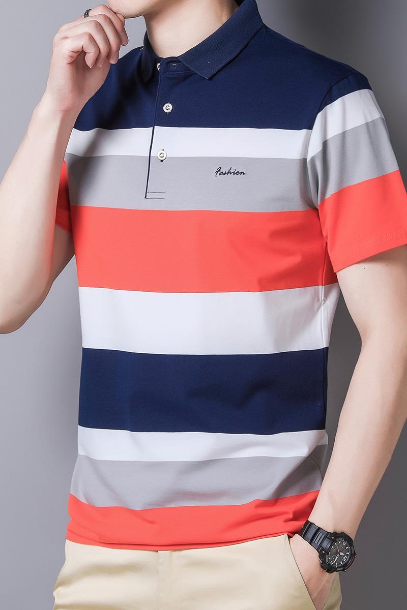 New wrinkle resistant men's flip collar ice silk short sleeved Polo shirt quick drying plus size loose striped business top