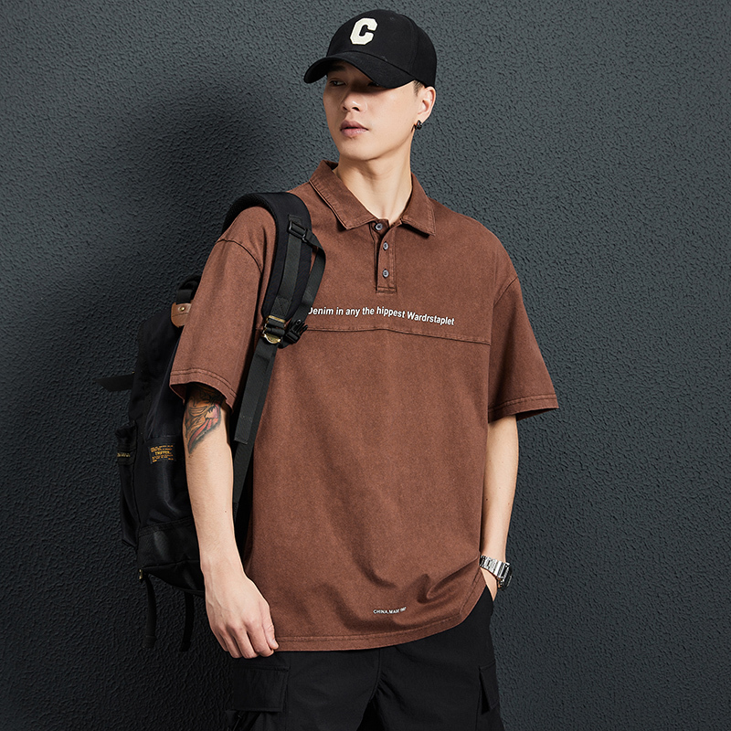 Summer new short sleeved shirt trendy brand washed pure cotton polo collar t-shirt top