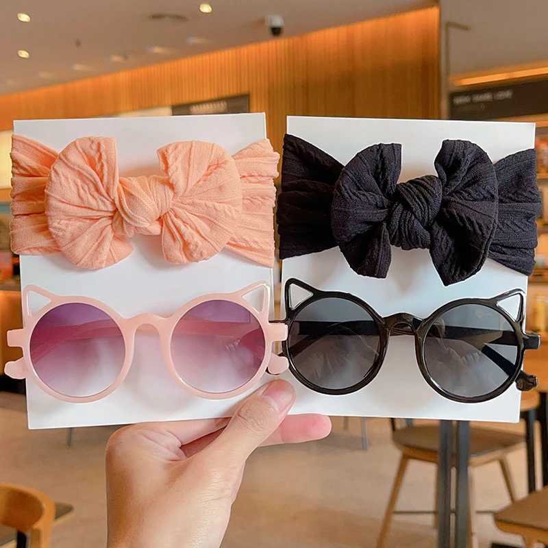 Sunglasses 2 Pcs/Set New Children Cute Colorful Soft Bowknot Wide Hairbands Cat Ears Sunglasses Boys Girls Headwear Kids Hair Accessories