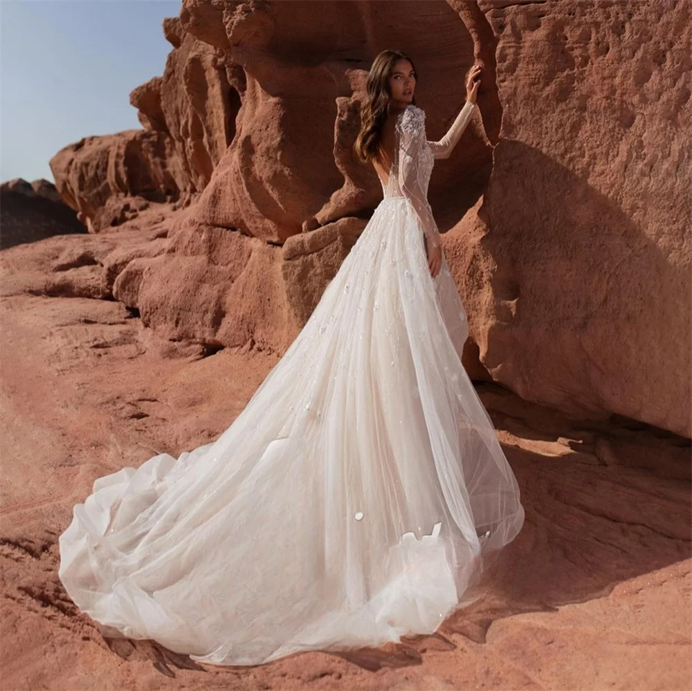 New A-e Bride V-Neck Long Sleeves Applique Tulle with Train Dresses For Woman Wedding Dress Vestidos De Novia