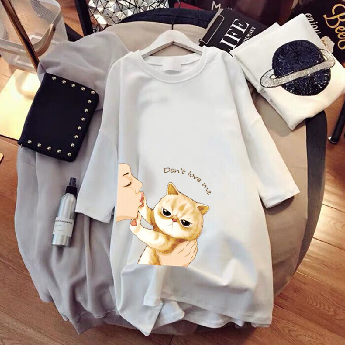 kkli Women's Summer Blouse Cute Cat Short-Sleeve T-Shirt Fashion Round Neck Dress Student Tees / Clothes