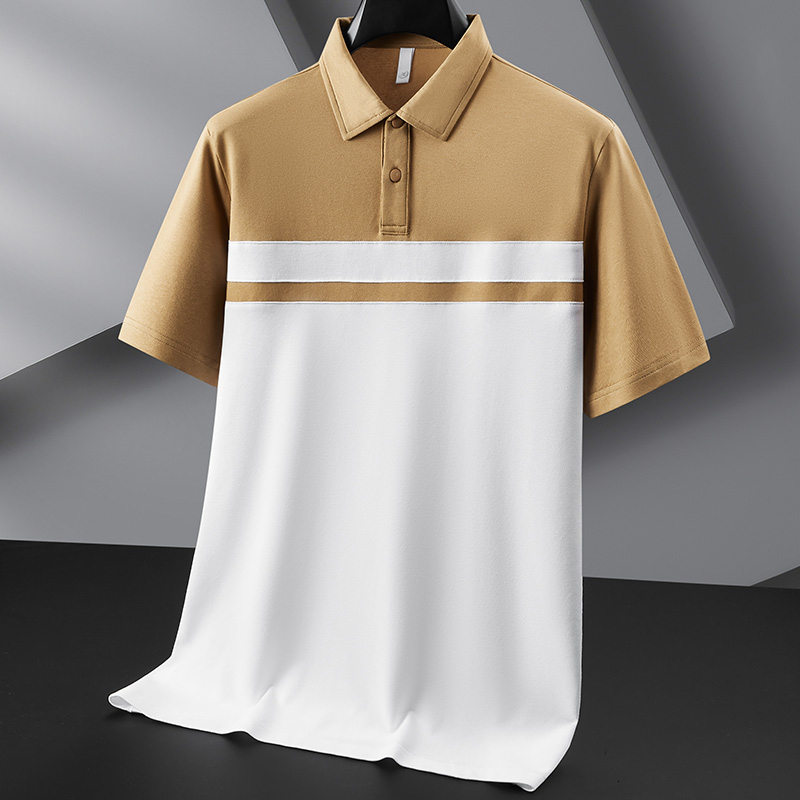 Silk red ice silk collar short sleeved polo for men's summer thin patchwork cool casual shirt