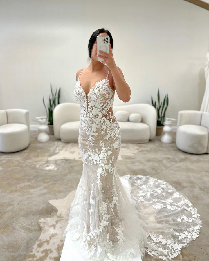 Mermaid Charming Lace Wedding Dresses 2024 Spaghetti Strap Glitter Bridal Gown Backless Illusion Vestidos De Novia Sweep Train
