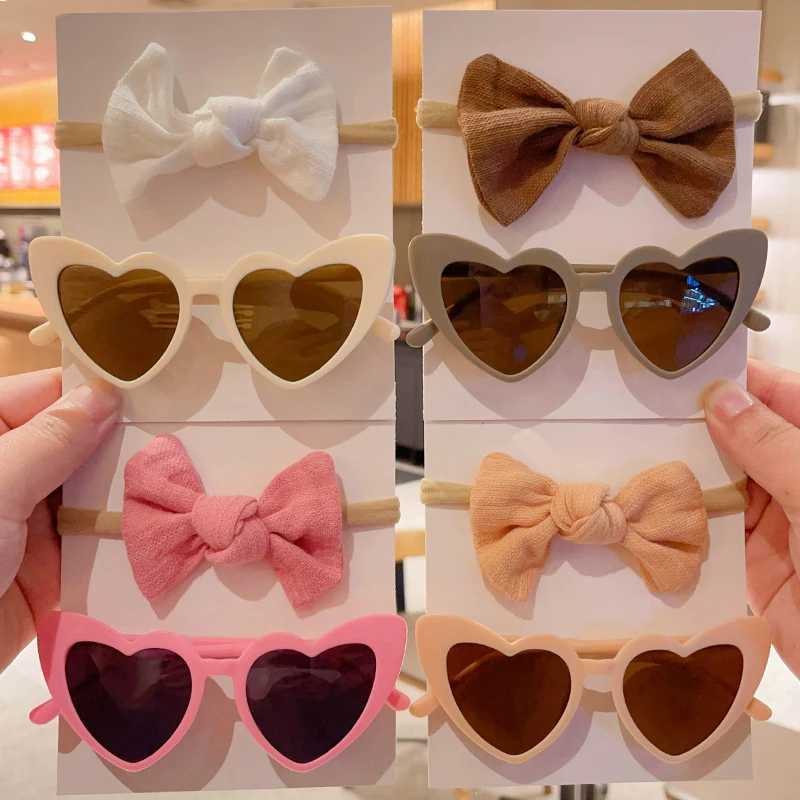 Sunglasses 2 Pcs/Set New Children Fashion Colors Special Heart Sunglasses UV400 Soft Bowknot Headbands Headwear Set Lovely Hair Accessories