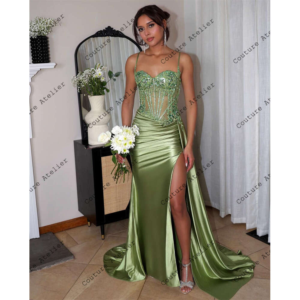 Green Sage Spaghetti High Split Prom Dresses For Black Girls Mermaid Elegant Dress Special Party Formal Gowns Satin Arabic Mal