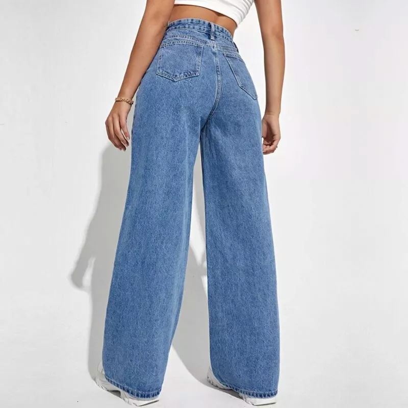 women's washed blue high-waisted fashion casual hot wide-leg jeans