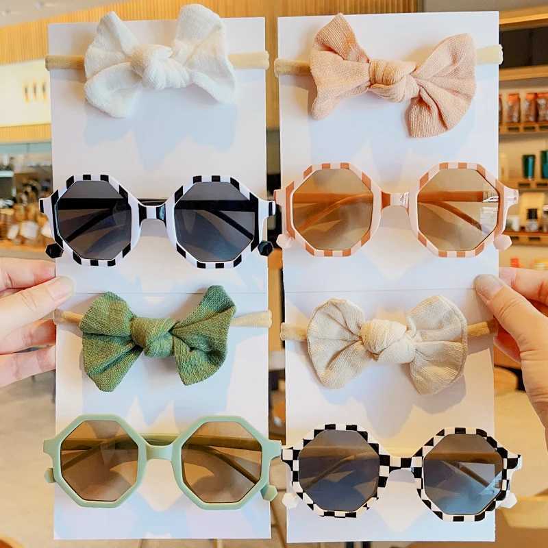 Sunglasses 2 Pcs/Set New Girls Cute Solid Color Bowknot Hairband Summer Striped Irregular Polygon UV400 Sunglasses Kids Hair Accessories