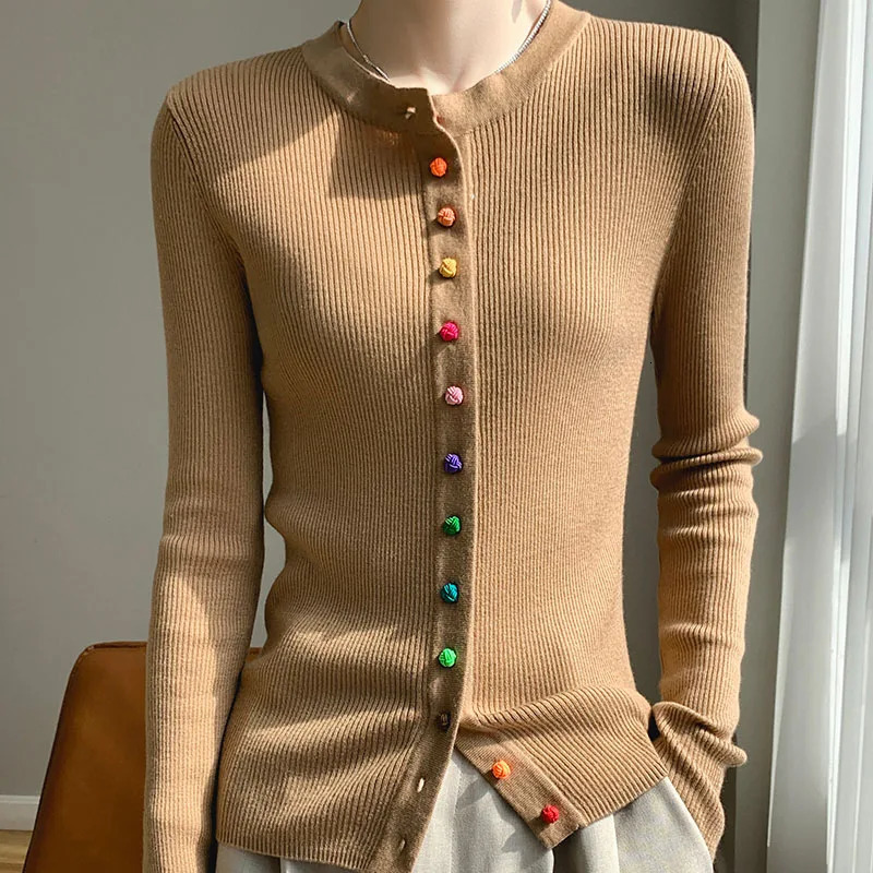 Womens 100% Merino Wool Sweater Round Collar Colorful Buckles Slim Fit Cardigan Autumn Winter Warm Jacket Casual Knit Basic Top 240712