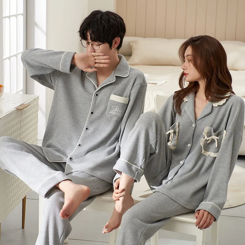 Cotton Sleepwear For Couples Korean Cardigan Men Pijamas Women Pajamas Set Long Sleep Tops Pant Nightwear Pjs pareja hombre 240713