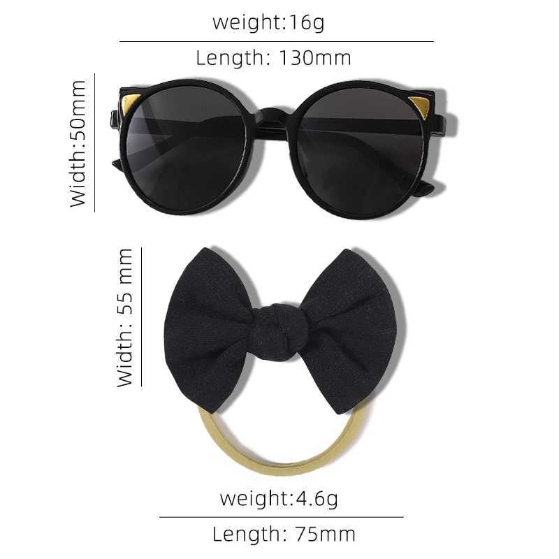 Sunglasses 2 Pcs/Set New Girls Boys Cute Solid Bowknot Headbands Vintage Ears Cat Sunglasses Outdoor Set Hair Bands Kids Hair Accessories