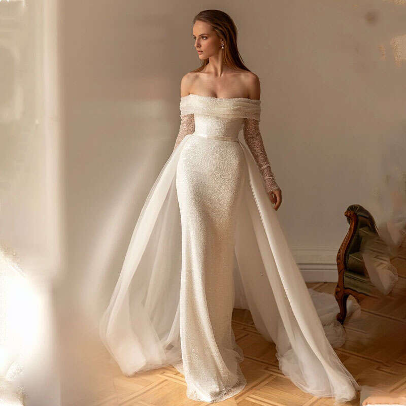 Bg Sequined Off The Shoulder Full Sleeves Mermaid Wedding Dresss Detachable Train Vestido De Renda Estilo Sereia