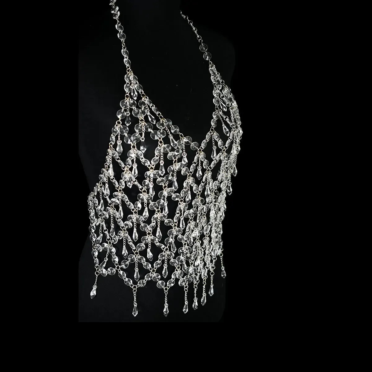 Sexy Tassel Chic Womens Lingerie Body Chain Top Water Drop Fishnet Crystal Shiny Chest Bra Bikini Sling Vest Jewelry 240709